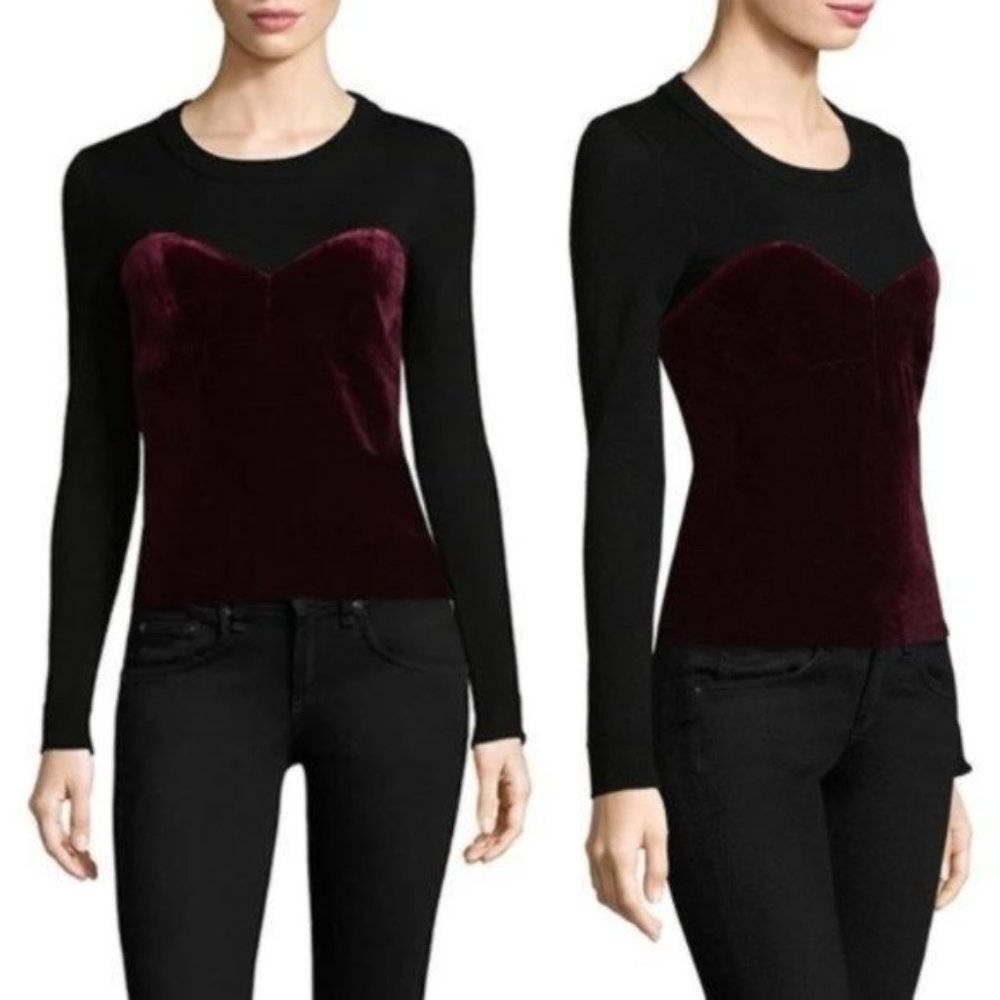 Milly Burgundy Wool Sweater Black Velvet Corsetry Detail Fitted Chic Size P 0 2